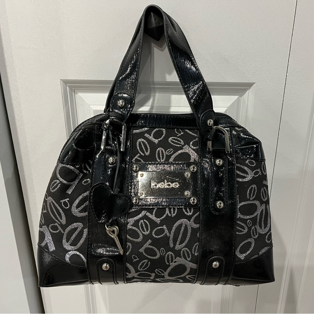 Y2k bebe black and silver handbag/faux leather double straps metal hardware.